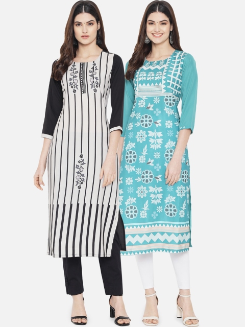 

KALINI Women Pack Of 2 White & Turquoise Blue Striped Crepe Kurta