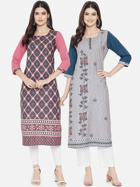 

KALINI Women Pack of 2 Pink & Grey Ethnic Motifs Printed Crepe Straight Kurta