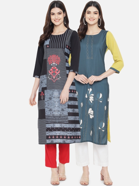 

KALINI Women Black & Blue Set Of 2 Floral Printed Crepe Kurta