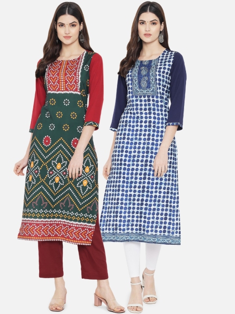 

KALINI Women Pack of 2 Blue & White Printed Crepe Kurta
