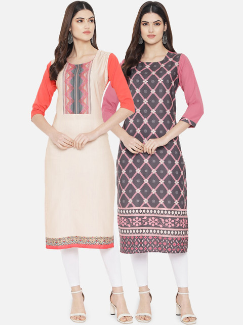 

KALINI Women Pack Of 2 Cream-Coloured & Pink Printed Crepe Kurta