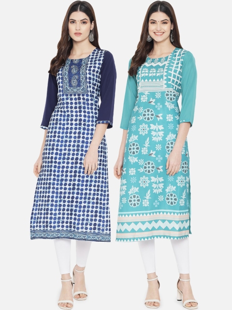 

KALINI Women Pack of 2 Blue & Turquoise Blue Printed Crepe Kurta