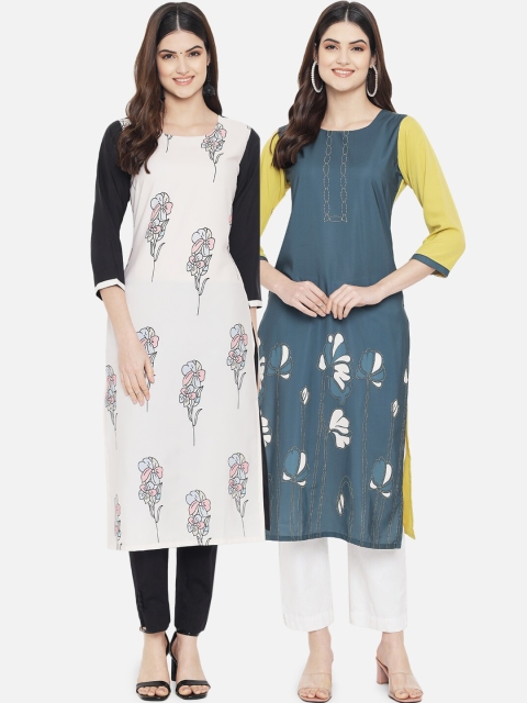 

KALINI Women Pack Of 2 Grey & White Digital Printed Straight Kurta