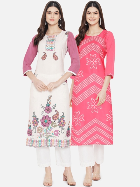 

KALINI Women Set Of 2 White & Pink Floral Printed Crepe Kurta