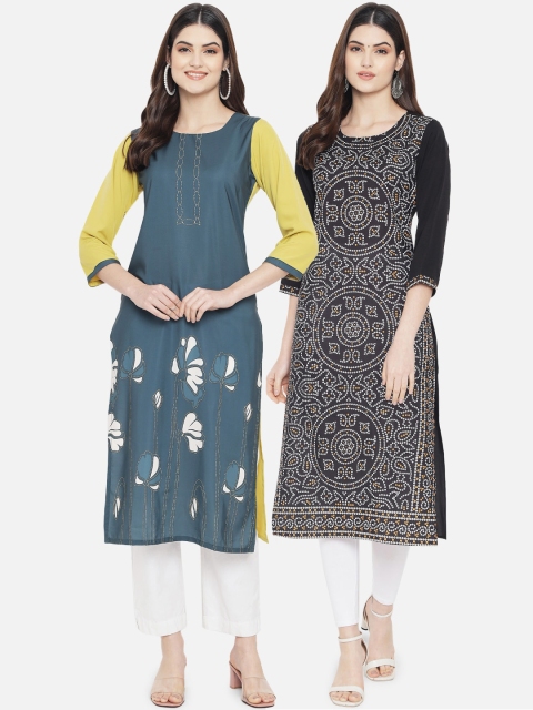 

KALINI Women Pack Of 2 Blue & Black Printed Crepe Kurta