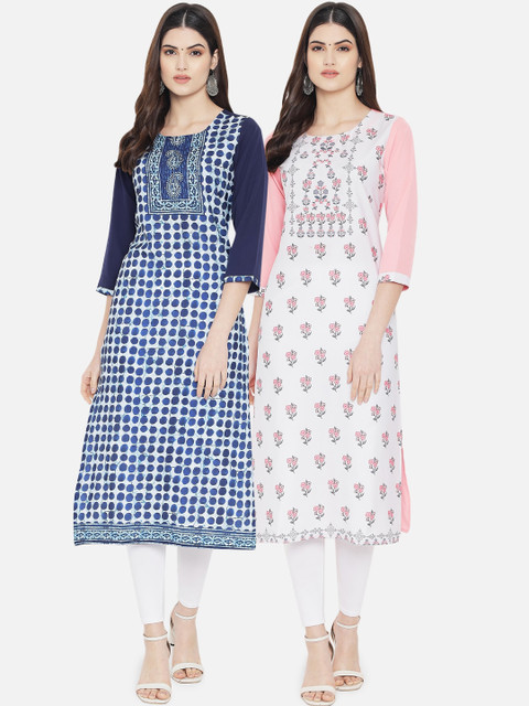 

KALINI Women Pack Of 2 Blue & White Checked Crepe Kurta