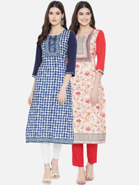 

KALINI Woman Pack of 2 Multicoloured Checked Thread Work Crepe Kurta, Multi