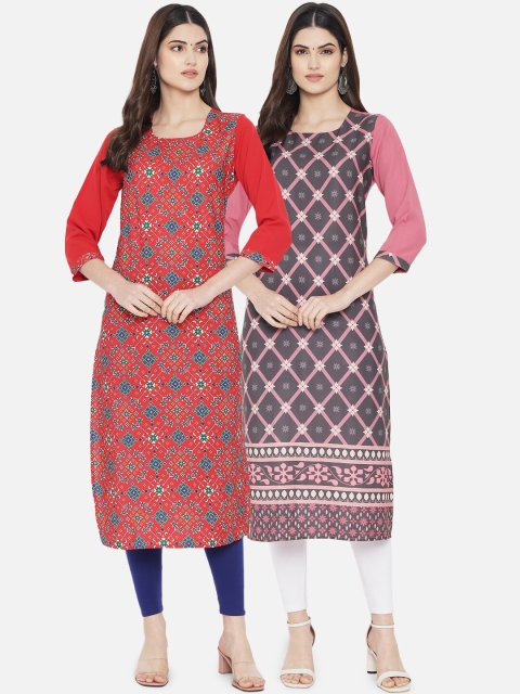 

KALINI Women Pack of 2 Pink & Red Ethnic Motifs Printed Crepe Straight Kurta