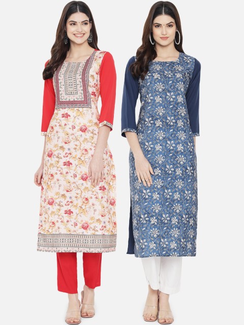 

KALINI Women Pack of 2 Blue & Red Floral Printed Crepe Kurta