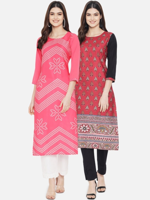 

KALINI Women Set of 2 Ethnic Motifs Printed Crepe Kurta, Pink