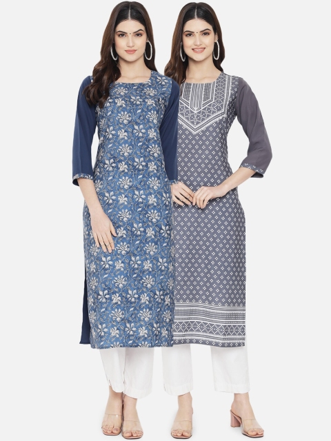 

KALINI Women Pack Of 2 Grey & Blue Digital Printed Straight Kurta