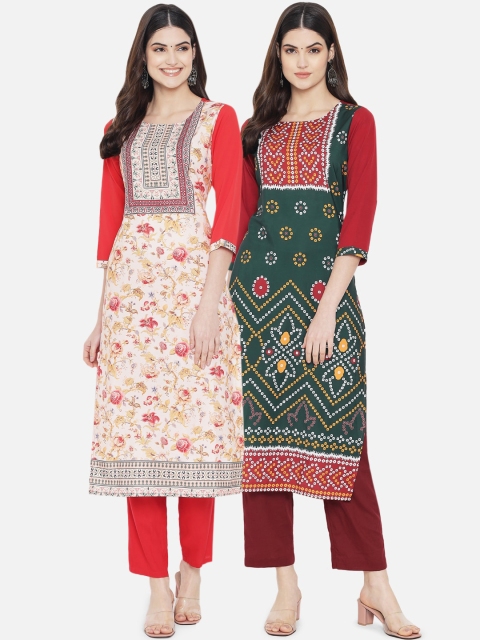 

KALINI Women Pack Of 2 Multicoloured Ethnic Motifs Printed Crepe Kurtas, Multi