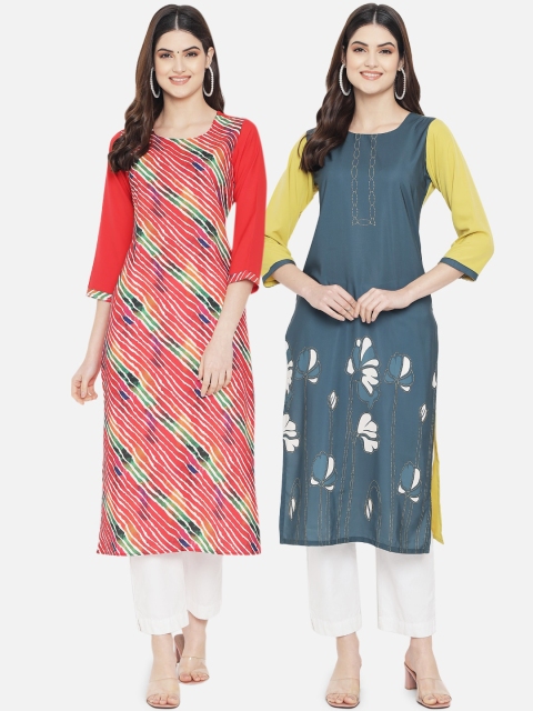

KALINI Women Red & Blue Set Of 2 Printed Straight Crepe Kurta