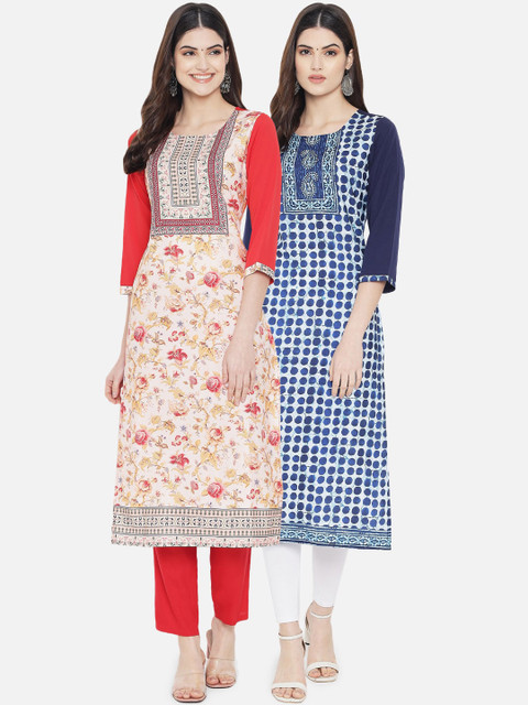 

KALINI Women Pack of 2 Blue & White Printed Crepe Kurta