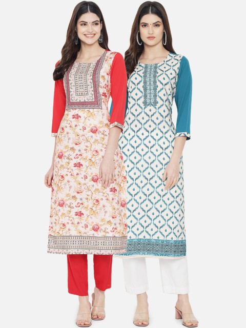 

KALINI Women Pack Of 2 White, Red & Blue Floral Printed Kurta