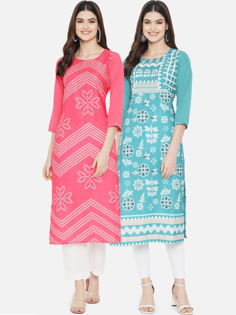 

KALINI Women Pack of 2 Pink & Blue Digital Printed Straight Kurtas