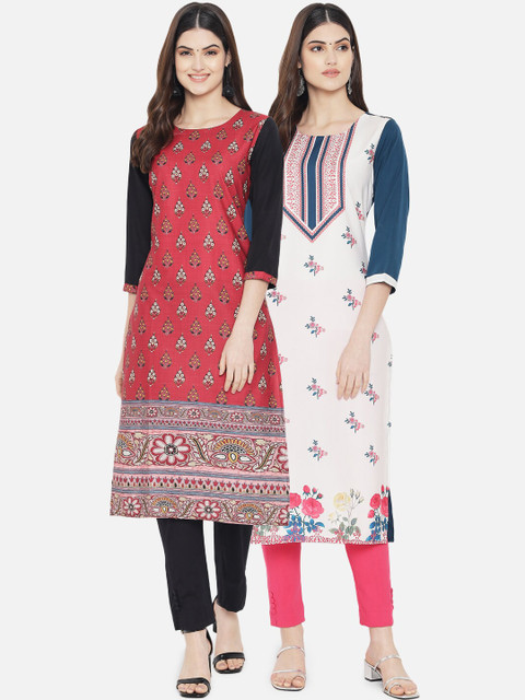 

KALINI Women Pack of 2 Red & Pink Ethnic Motifs Digital Printed Straight Kurtas