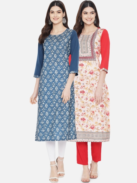 

KALINI Women Pack of 2 Blue & Off White Geometric Printed Crepe Kurta