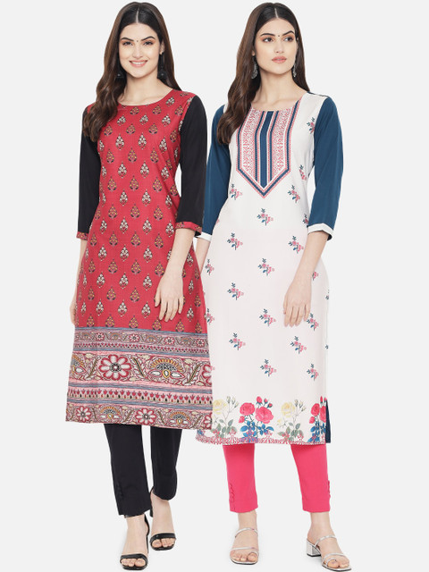 

KALINI Women Red & White Pack of 2 Printed Crepe Kurtas