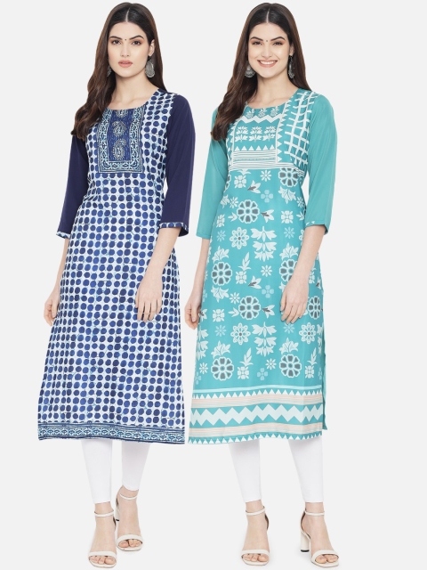 

KALINI Women Set of 2 Ethnic Motifs Printed Crepe Kurta, Blue