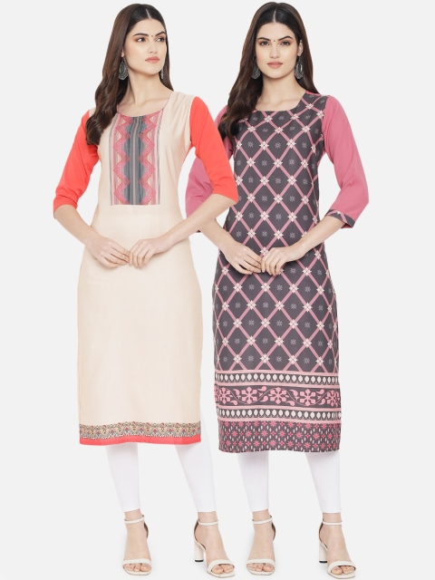 

KALINI Women Pack Of 2 Beige & Grey Printed Crepe Kurta