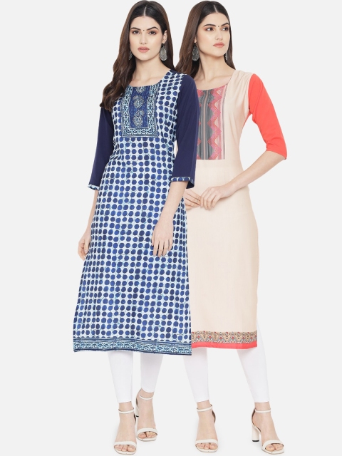 

KALINI Women Navy Blue & Peach-Coloured Set Of 2 Digital Printed Crepe Kurta