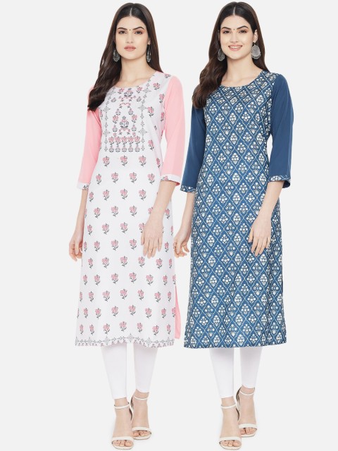 

KALINI Women Pack Of 2 White & Blue Floral Printed Crepe Kurta