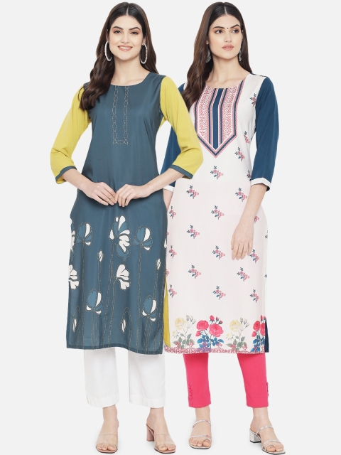 

KALINI Women Pack Of 2 Multicoloured Floral Printed Crepe Kurtas, Multi