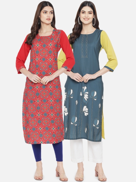 

KALINI Women Set of 2 Multi Floral Crepe Kurta