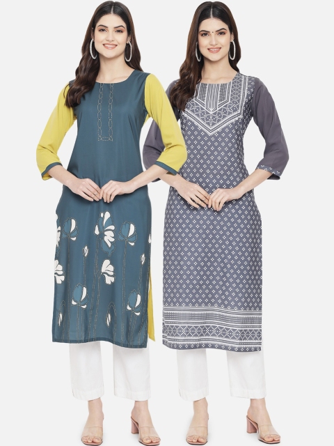 

KALINI Women Pack of 2 Grey & Green Printed Crepe Straight Kurta