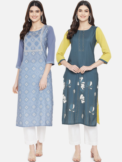 

KALINI Women Pack of 2 Blue & Teal Digital Printed Straight Kurtas