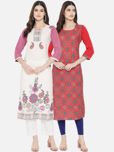 

KALINI Women Pack of 2 Red & Blue Printed Crepe Kurta