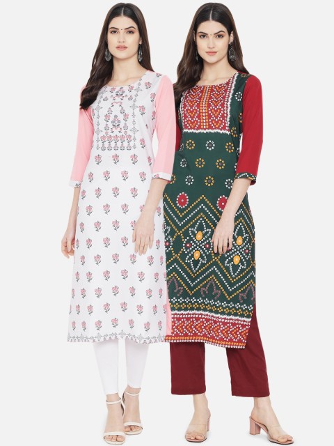 

KALINI Women Pack Of 2 White & Green Floral & Bandhani Printed Kurta
