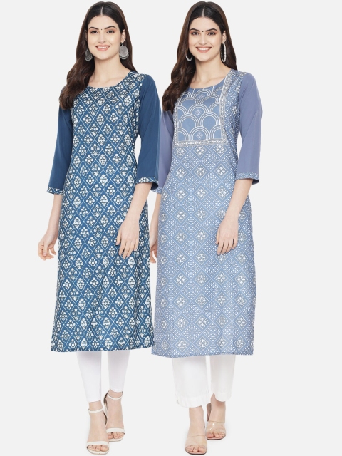 

KALINI Women Pack of 2 Blue & White Geometric Printed Crepe Kurta