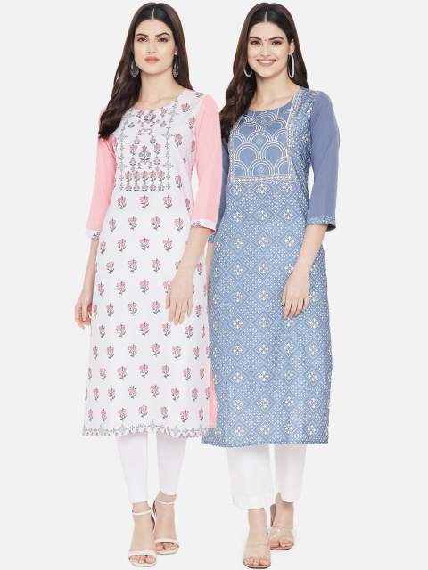 

KALINI Pack of 2 Women Pink & Blue Ethnic Motifs Printed Crepe Kurta