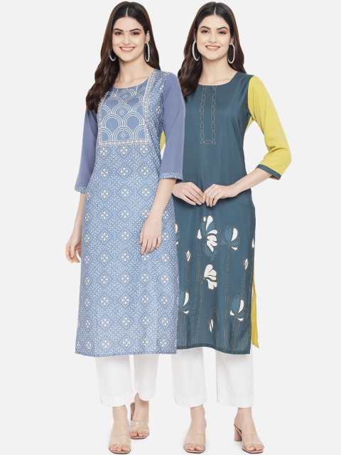 

KALINI Women Pack of 2 Printed Crepe Kurtas, Blue