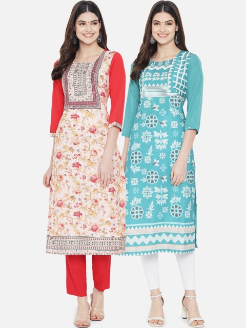

KALINI Women Set of 2 Ethnic Motifs Printed Crepe Kurta, Red