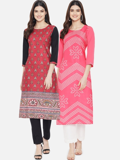 

KALINI Women Pack Of 2 Pink & Red Printed Crepe Kurta
