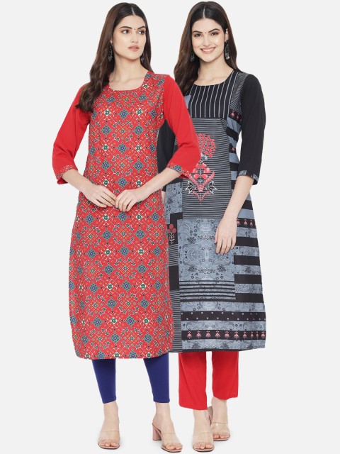 

KALINI Women Red & Black Set Of 2 Digital Printed Crepe Kurta