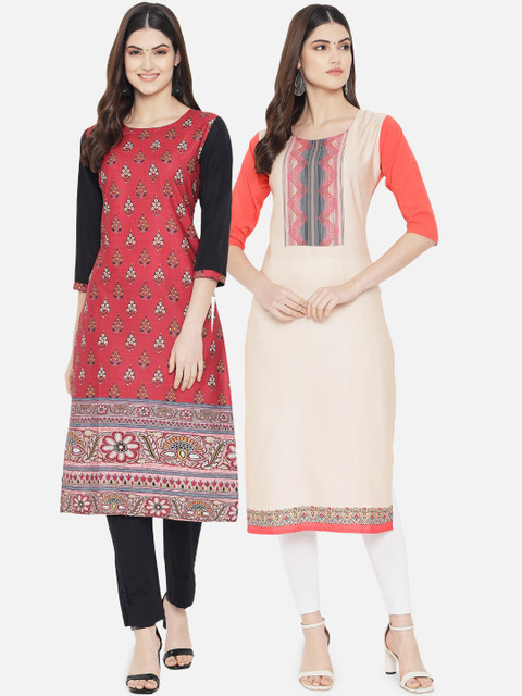 

KALINI Women Pack Of 2 Multicoloured Ethnic Motifs Printed Crepe Kurtas, Multi