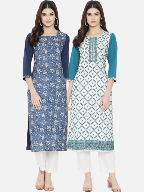 KALINI Women Set of 2 Multi Floral Printed Crepe Kurta