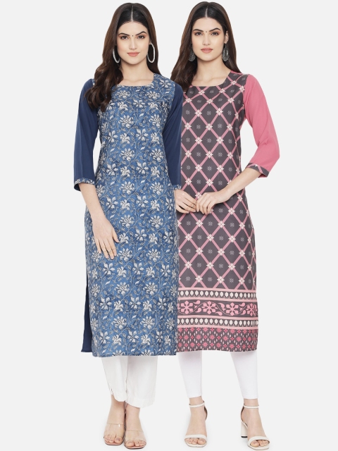 

KALINI Women Pack of 2 Blue & Pink Floral Printed Crepe Straight Kurta