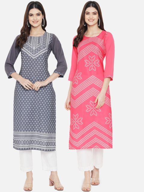 

KALINI Women Pack of 2 Pink & White Printed Crepe Kurta, Multi