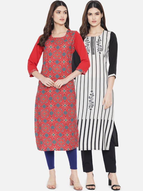 

KALINI Women Pack of 2 Red & White Digital Printed Straight Kurtas