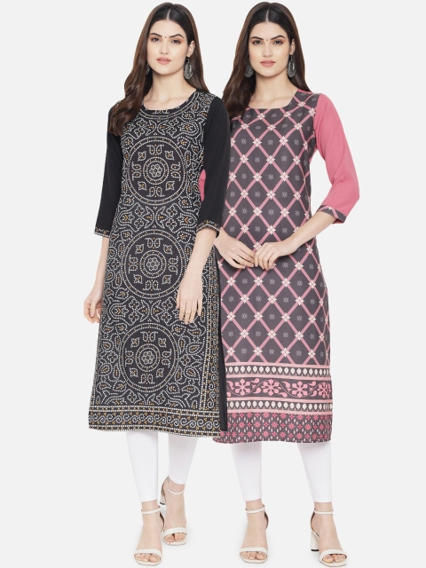 

KALINI Pack of 2 Women Black & Pink Ethnic Motifs Printed Crepe Kurta