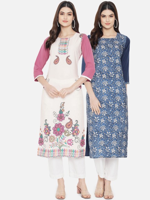 

KALINI Women Set of 2 Ethnic Motifs Printed Crepe Kurta, Blue