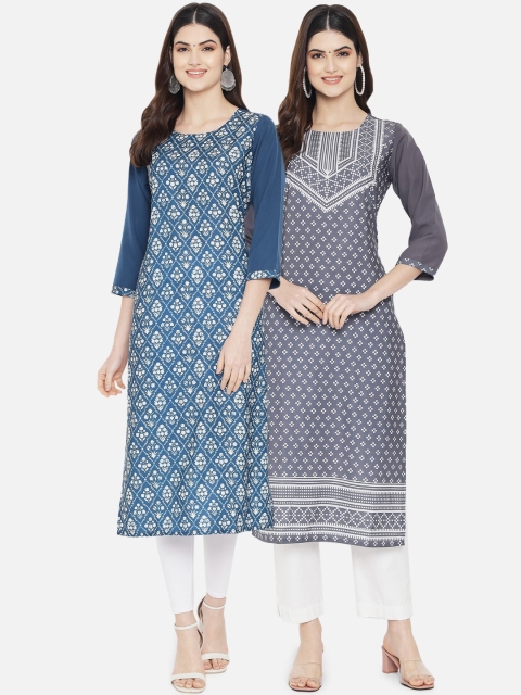 

KALINI Women Pack Of 2 Blue & Grey Printed Crepe Kurta