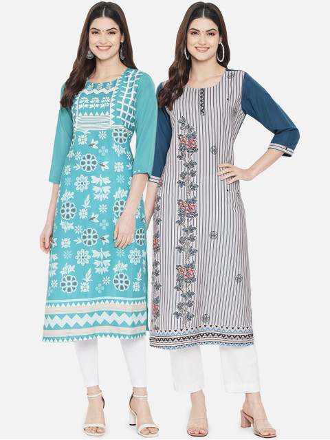 

KALINI Woman Pack of 2 Multicoloured Ethnic Motifs Printed Crepe Kurta, Multi