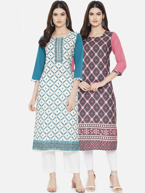 

KALINI Women Pack of 2 Blue & Pink Ethnic Motifs Printed Crepe Kurta