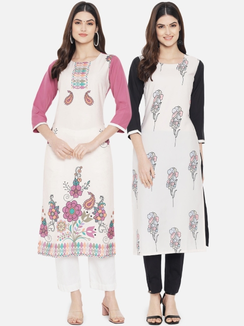 

KALINI Women Pack of 2 Cream-Coloured & Pink Printed Crepe Straight Kurta